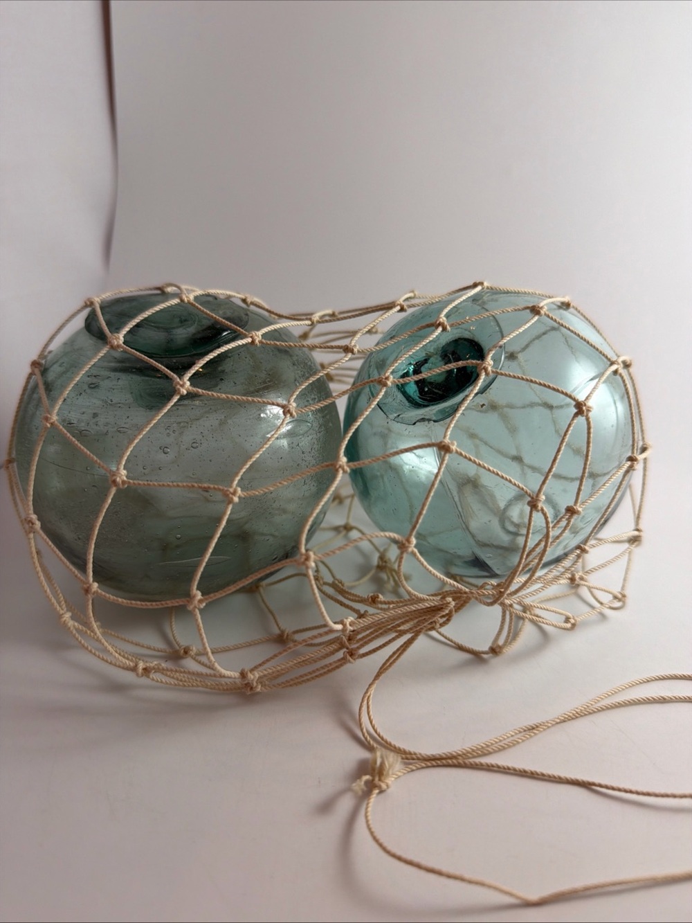 Vintage Japanese Glass Float Balls with Net set of 2- Aqua Blue Hand Blown